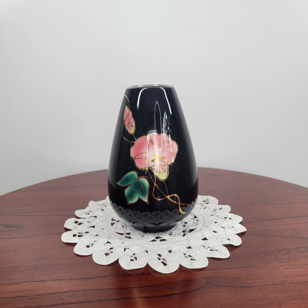 Vintage Andre R. Otagiri Black Bud Vase Crimson Rose Gold Trim Made in Japan